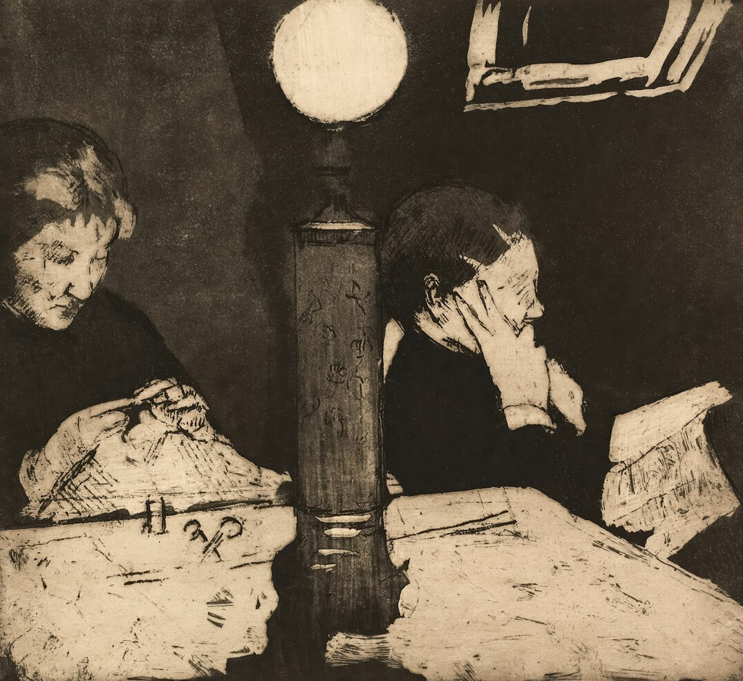 Analysts collaborating around a table with printed reports