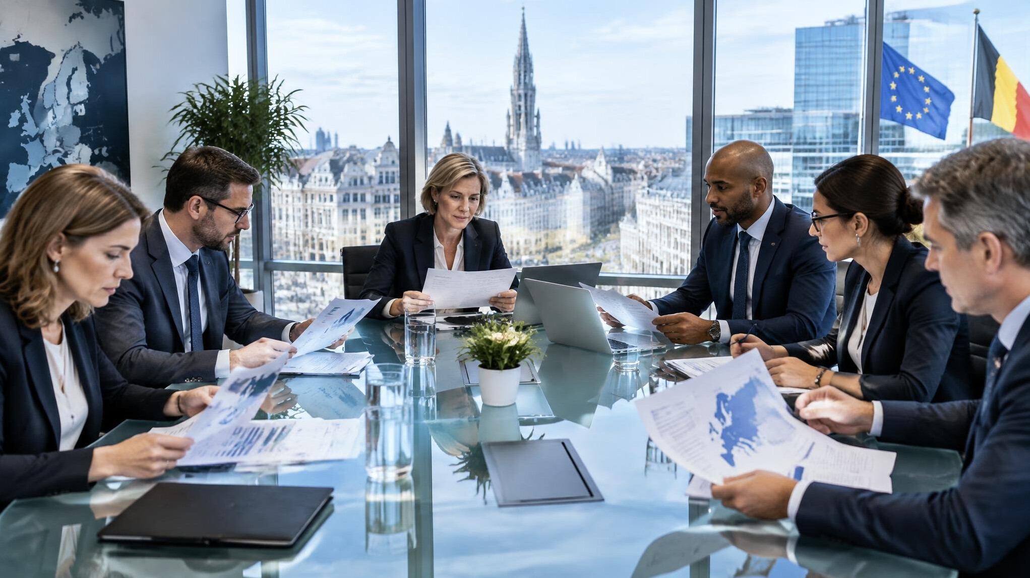 Business professionals reviewing strategic reports in a Brussels boardroom
